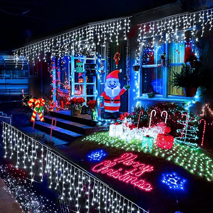 Christmas Lights Outdoor, 2 Pack Total 98FT 960 LED Ice Lights for Outside with 180 Drops Clear Wire 8 Modes Timer, Plug in Waterproof for Holiday Eaves Yard Roof Party Christmas Decor (Cool White)