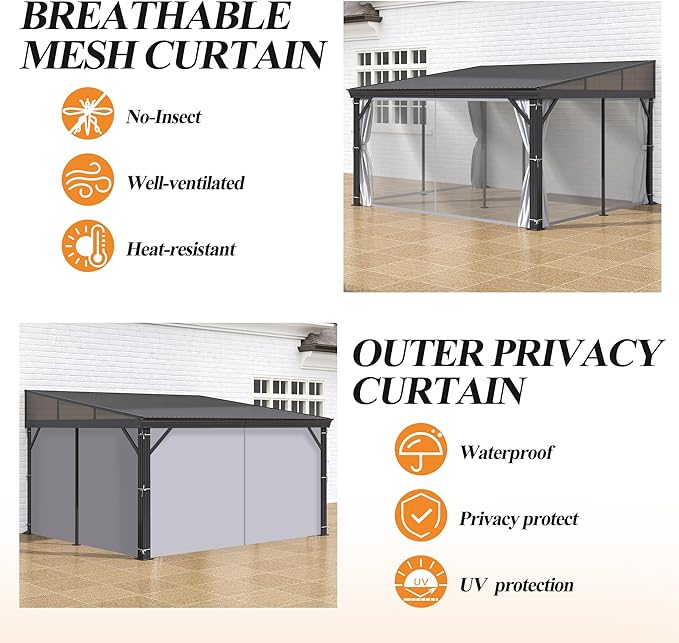 GARTOO 12' x 14' Lean to Hardtop Gazebo for Patio - Aluminum Frame Gazebos Pergola with Sloping Metal Roof, Outdoor Wall-Mounted Canopy Awnings to House for Patio, Garden, Lawn, Backyard Deck
