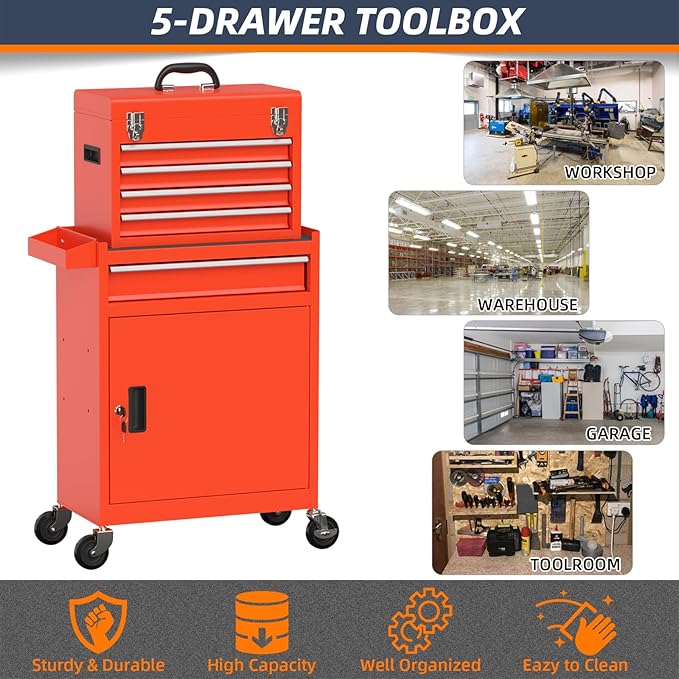 5-Drawer High Capacity Rolling Tool Box, Removable Cabinet Storage Tool Chest with Wheels and Drawers, Detachable Toolbox with Lock for Mechanics Garage Workshop and Tool Room (Red)