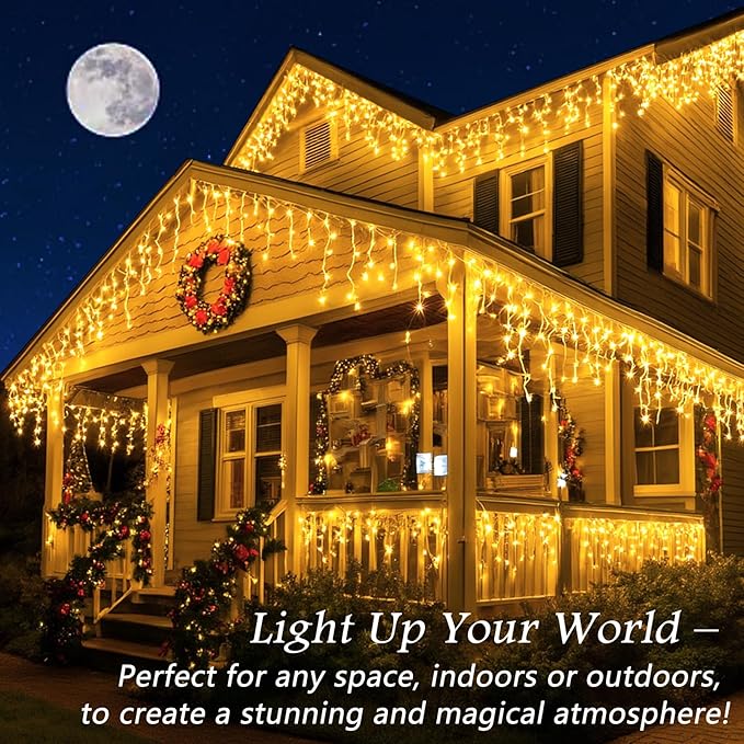 131FT 1280 LED Icicle Outdoor String Lights Warm White- Waterproof Christmas Curtain Lights, 11 Modes Twinkle Function for Patio, Wedding, Holiday, Party Decorations