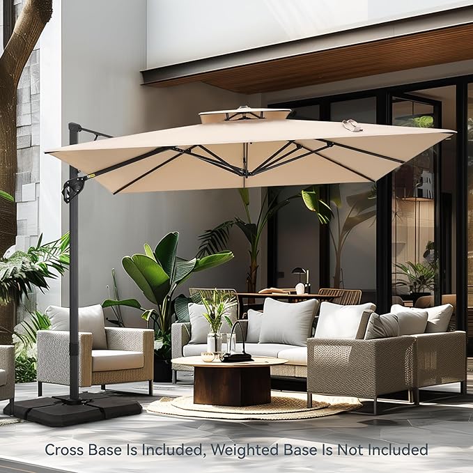 PHI VILLA 9'x 12' Large Patio Umbrella, Outdoor Aluminum Cantilever Umbrella with Double Top Rectanglar Canopy, Windproof Hydraulic Offset Umbrella for Pool, Deck, Garden, Beach, Porch, Beige