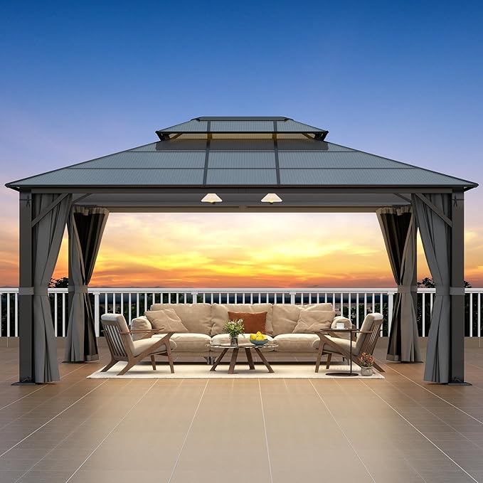 Hardtop Gazebo 12' x 16', Patio Gazebos with Polycarbonate Roof & Steel Frame, Outdoor Pavilion with Gray Curtain&Netting for Backyard/Lawn/Garden/Deck