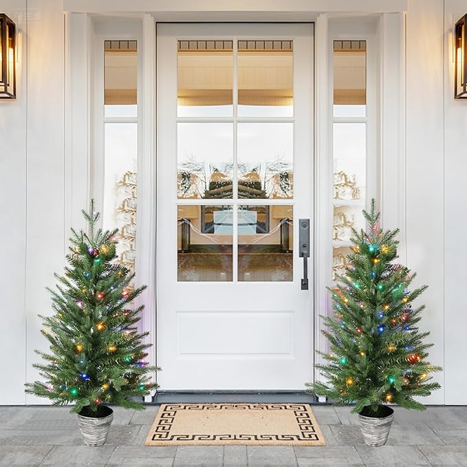 3FT Pre-Lit Christmas Tree, 2-Packs PE Branchs Xmas Tree with Color LED Lights, 8 Modes with 60 Led Lights,Artificial Christmas Trees for Holiday Decoration
