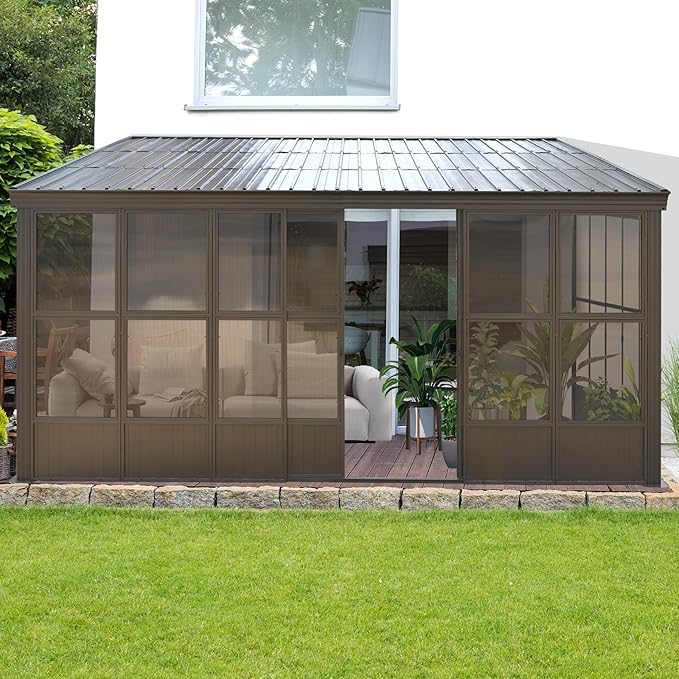 12x16FT Lean to Sunroom Kit All Season, Aluminum Wall Mounted Solarium with Galvanized Steel Slope Sun Room Roof, 2 Sliding Double Doors, PC Windows, Enclosed Permanent Gazebo for Patio, Deck