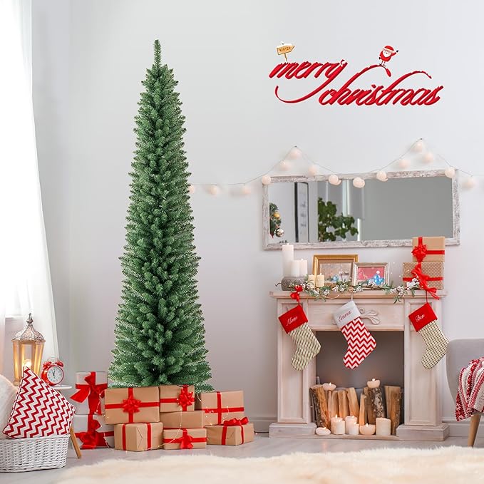 GOFLAME 7FT Prelit Pencil Christmas Tree, Slim Artificial Xmas Tree with 523 Memory Wire Branch Tips, 190 Warm White LED Lights & Upgraded Metal Stand, Seasonal Holiday Decoration Tree for Home Party