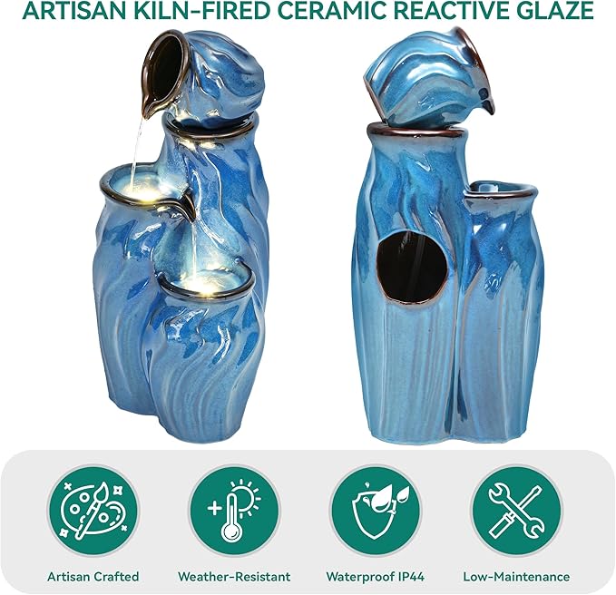Autodaya 29" Ceramic Outdoor Fountain with Lights, 4-Tier Pots Waterfalls Patio Water Fountain, Tranquil Oasis for Relaxing Garden, Yard, or Porch Decor, Turquoise, Dynamic Wave-Texture