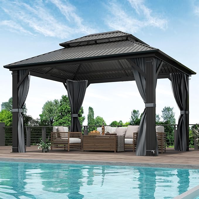 COVERONICS 10' x 12' Outdoor Hardtop Gazebo - Aluminum Heavy-Duty Double Roof Vented Gazebo with Breathable Netting & Privacy Curtains for Patio, Porch, Garden, Lawn