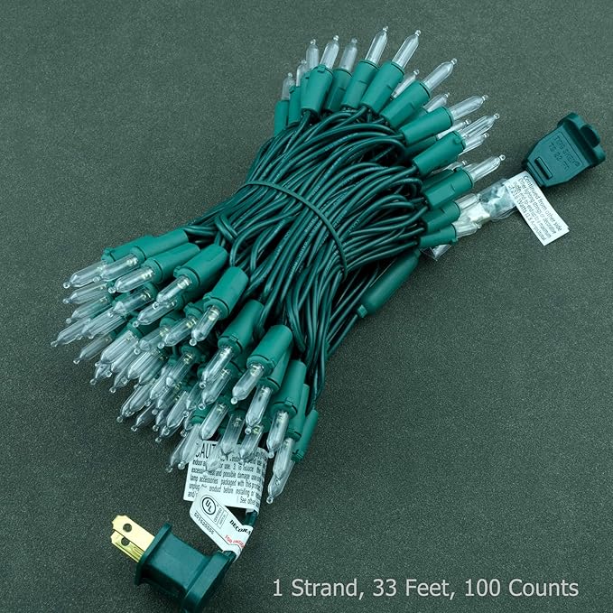 YULETIME Cool White LED Christmas Lights with Green Wire, 33 ft 100 Count UL Certified Commercial Grade Holiday String Light Set (Cool White - Green Wire)