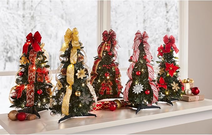 Fully Decorated Pre-Lit 2' Pop-Up Tabletop Christmas Tree - Red White