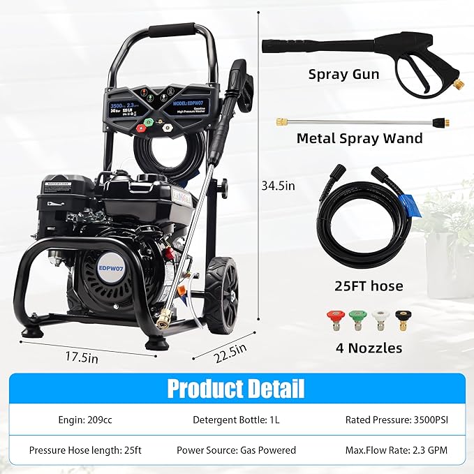 3500 PSI Gas Pressure Washer, 2.3 GPM ? Heavy Duty High Power with 209CC 7HP Engine, 25Ft Pressure Hose, Axial Aluminum Pump, Soap Tank, 4 Quick Connect Nozzles (Black)