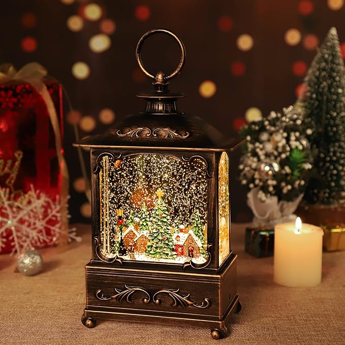 Christmas Village Snow Globe Lantern,Christmas Decorations Indoor Water Lantern Swirling Glittering with Music & Timer, USB/Battery Operated Lighted Lanterns for Home Decor Gifts (Forest House)