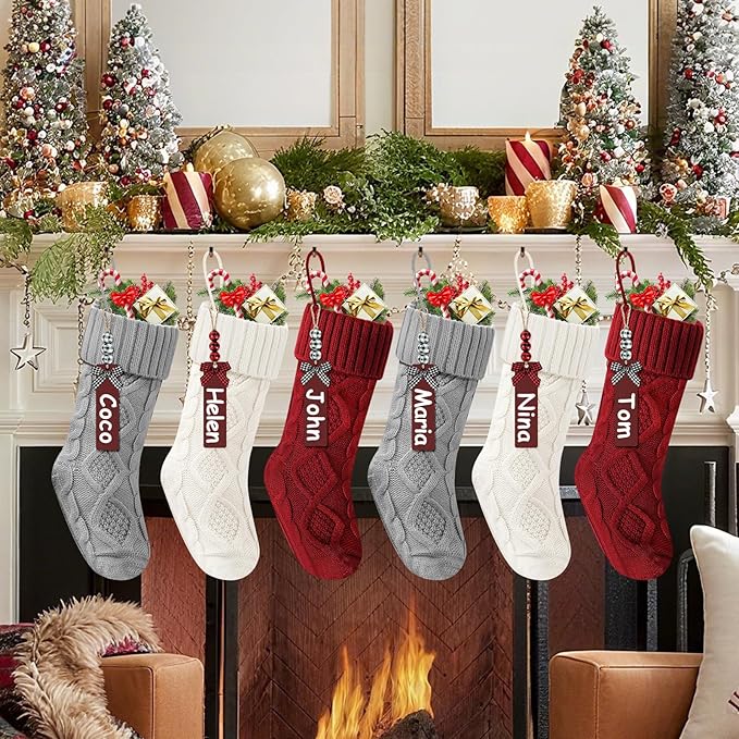 Christmas Stockings 18 Inches,Long Knitted Stocking with Name Tags, Christmas Decoration Hanging Stockings Fireplace Xmas Tree Ornaments for Home Family