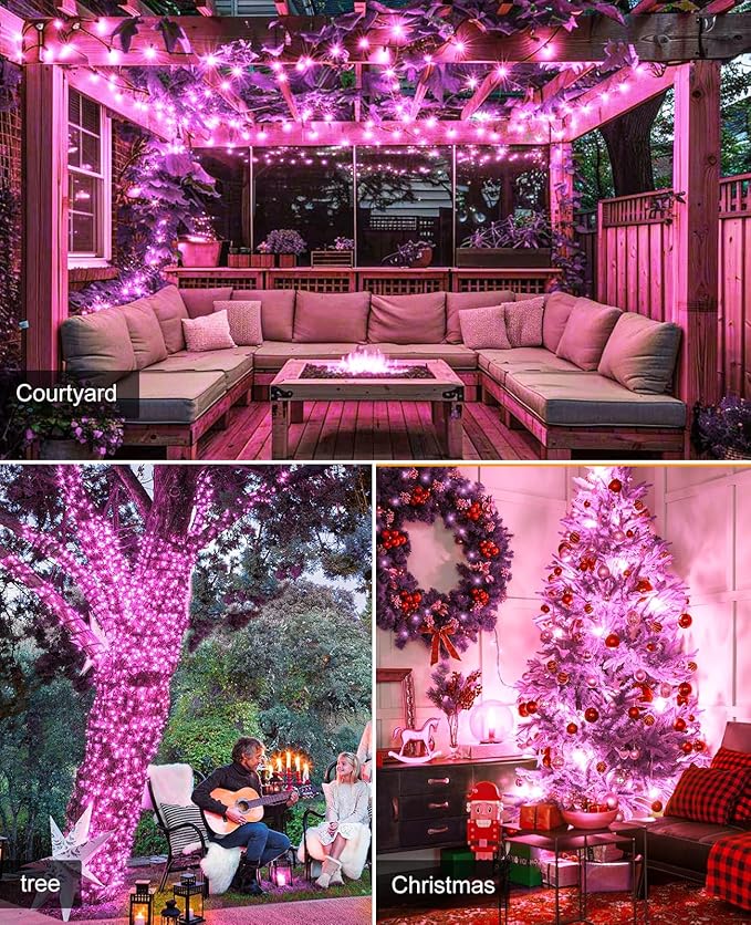 Pink Christmas Lights Outdoor, 80FT 240 LED Christmas Tree Lights Waterproof Plug in, 8 Modes Connectable Christmas Decorations Green Wire for Indoor Bedroom Tree House Holiday