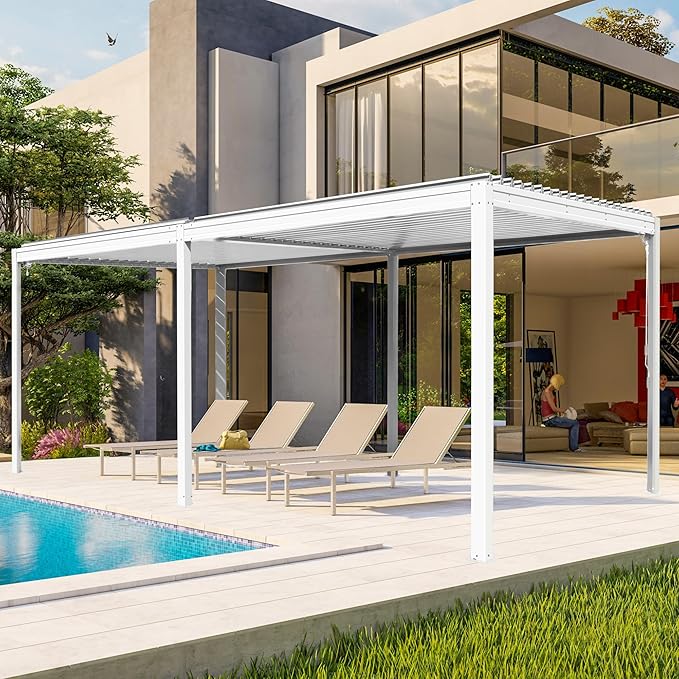 10’ x 20’ Louvered Pergola, Outdoor Pergola Aluminum Frame with Adjustable Rainproof Metal Roof, Permanent Sun Shade with Drainage System for Backyard, Garden and Lawn (White)