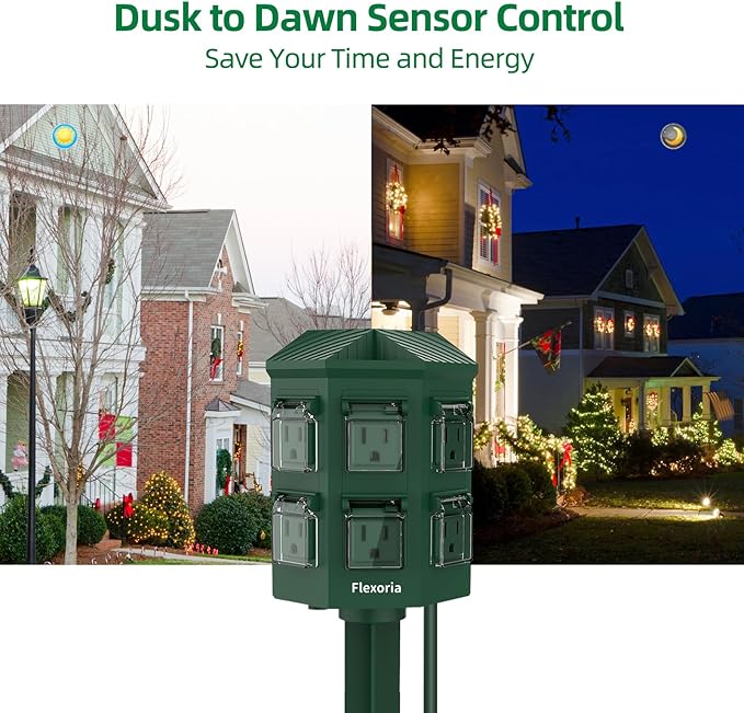 Outdoor Power Stake Timer, Remote Control Dusk to Dawn Light Timer, 90FT Extension Cord Waterproof, 6 Grounded Outlets for Outdoor Christmas Decorations, ETL Listed