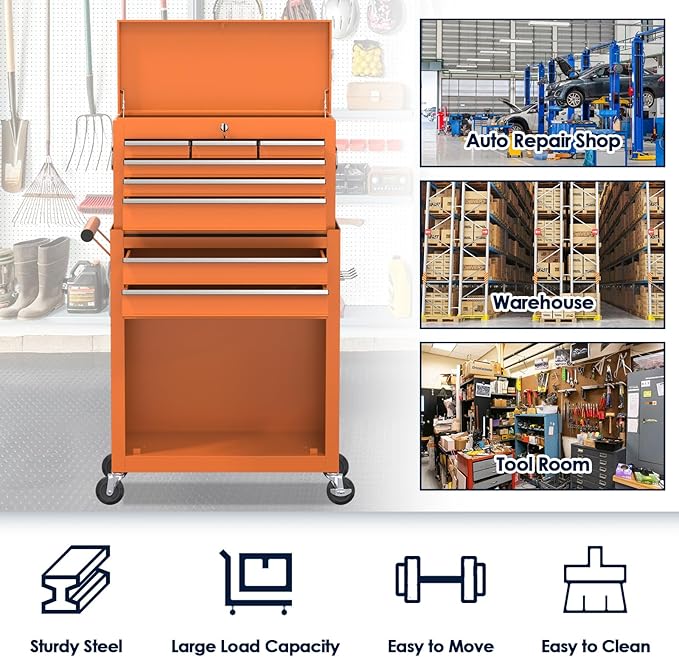 8-Drawer Rolling Tool Chest, High Capacity Removable Tool Storage Cabinet, Detachable Toolbox with Lock for Garage Warehouse and Tool Room (Orange)