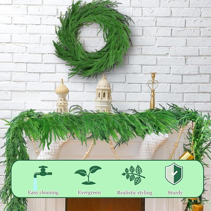 Grever 6 Feet Christmas Artificial Norfolk Pine Garland Real Touch Fake Evergreen Greenery Garland for Indoor Outdoor Fireplace, Mantle, Door, Windows, Table, Stairs, Wall, Wedding and Holiday Decor