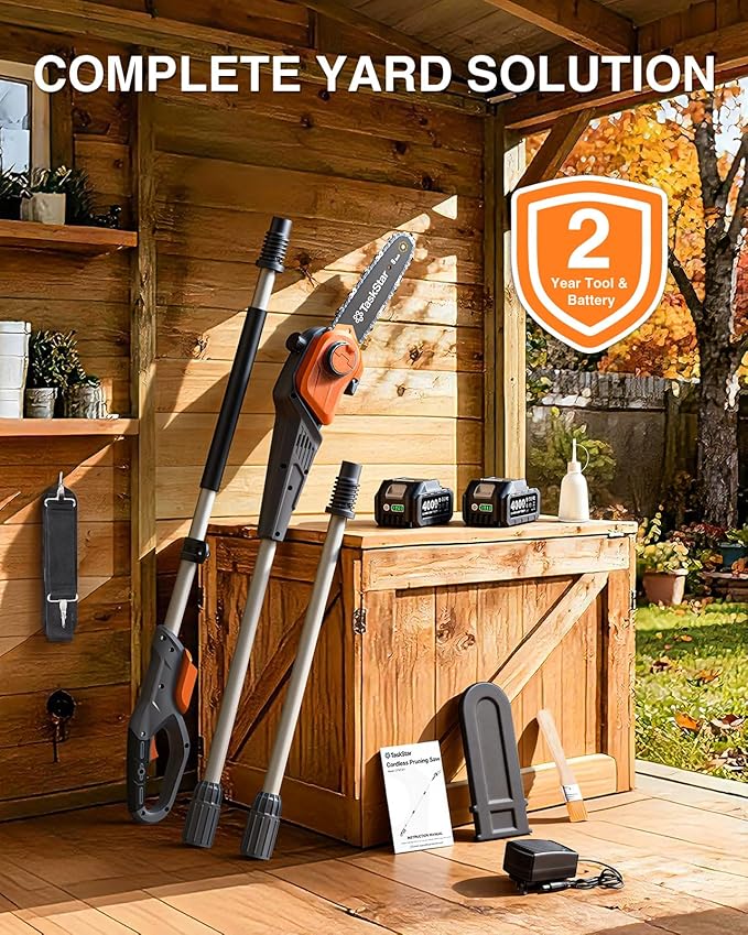8-Inch Cordless Pole Saw, Electric Pole Saws for Tree Trimming, 2¡¿4000mAh Batteries, 600W Powerful Motor, Max Reach 15Ft, Tool-Free Chain Tensioning, Auto Lubrication