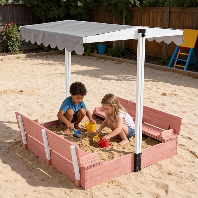 Wooden Sand Box with Cover,Sandbox with Lid Foldable Beench Seats,Sand Boxes for Backyard Garden, Beach Patio Outdoor (Sandbox-P)