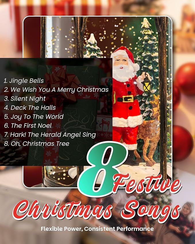 Christmas Satan & Deer Snow Globe Light up Lantern with 8 Songs, 12.99" Christmas Snow Globes for Kids Adults, 6H Timer & Dual Power, Snowglobes Christmas Decorations Indoor, Gifts for Women Men