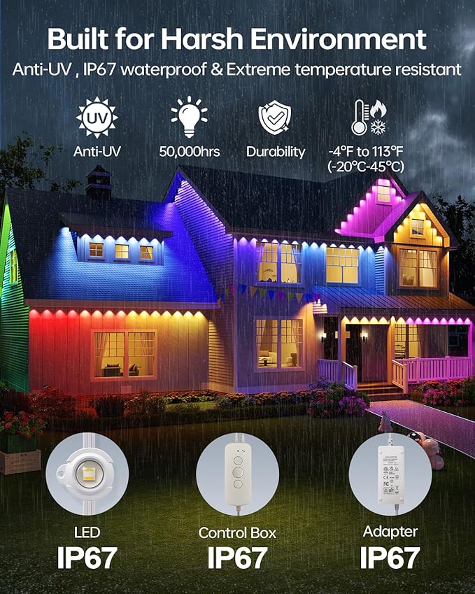 ASAHOM AI Permanent Outdoor Lights S107F, 400FT with 288 RGBCW LED Lights and Dual Output, 30,000 Lighting Effect Combination, IP67 Waterproof for House Christmas New Year and Daily Decoration, White