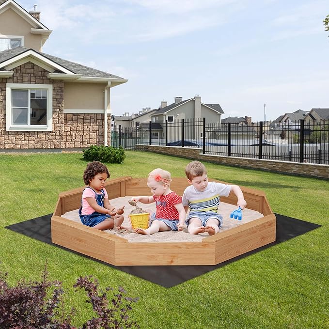 Octagonal Cedar Kids Sandbox with Bench Seats, Protective Cover & Liner ? Outdoor Wooden Sandpit for Backyard Play