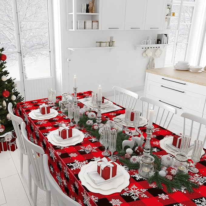 12 Pieces Red and Black Buffalo Plaid Merry Christmas Party Tablecloth Decorations,Plastic White Snowflake Buffalo Plaid Sign Table Cover for Winter Christmas Holiday Party Supplies,54x108 inch
