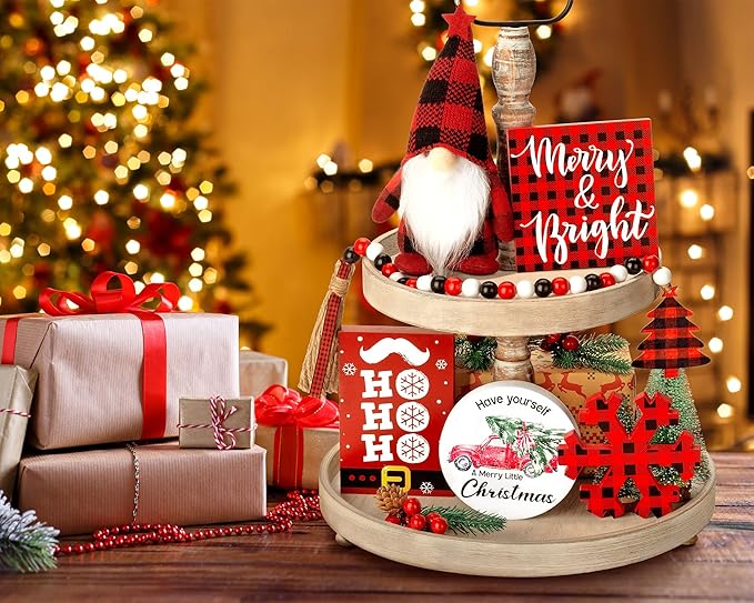 Christmas Tiered Tray Decor 6 PCS Xmas Decorations for Home - Xmas Table Decor Wooden Signs & Buffalo Plaid Gnome Plush Set - Farmhouse Christmas Tray Decoration Kitchen Table Mantel