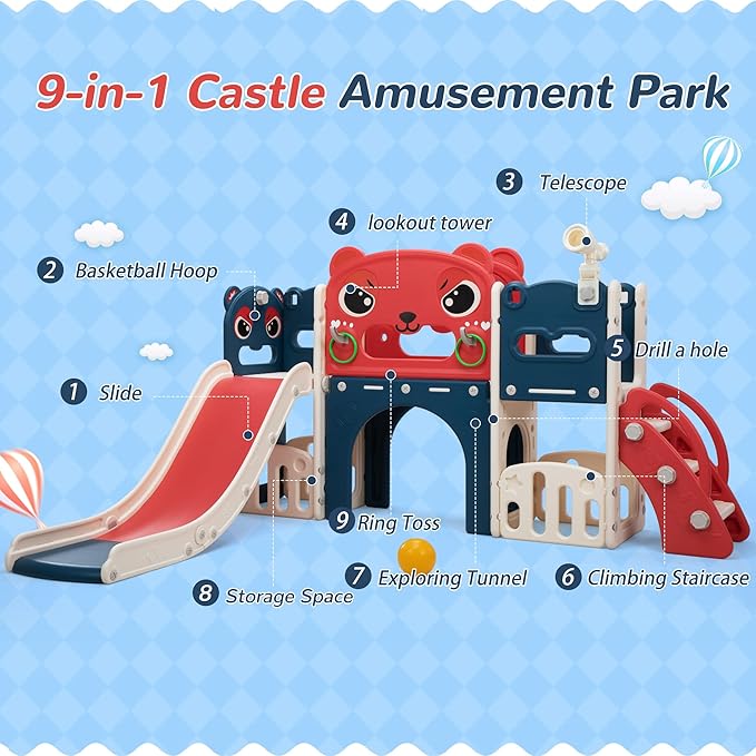 9-in-1 Toddler Slide and Climber Playset Freestanding Indoor Outdoor Kids Slide for Age 1-8, Backyard Playground with Basketball Hoop,Telescope,Storage Space