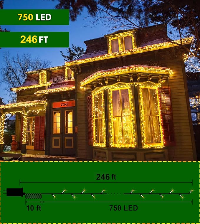 750 LED 246FT Christmas Lights Outdoor, Super Long Waterproof Christmas String Lights with 8 Modes, Christmastree Lights with Timer Memory for Fence Garden Xmas Wedding Party Decor Warm White