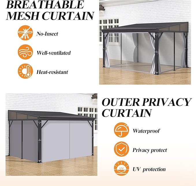 GARTOO 10' x 12' Lean to Hardtop Gazebo for Patio - Aluminum Frame Gazebos Pergola with Sloping Metal Roof, Outdoor Wall-Mounted Canopy Awnings to House for Patio, Garden, Lawn, Backyard Deck