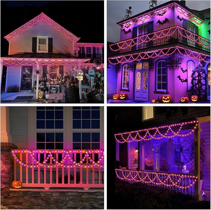 XTF2015 Halloween Lights Outdoor Color Changing 40FT 380 LED Orang Purple Halloween String Lights Extendable 8 Modes, Waterproof Half Round Hallowee n Light for House Roof Eaves Garden Patio