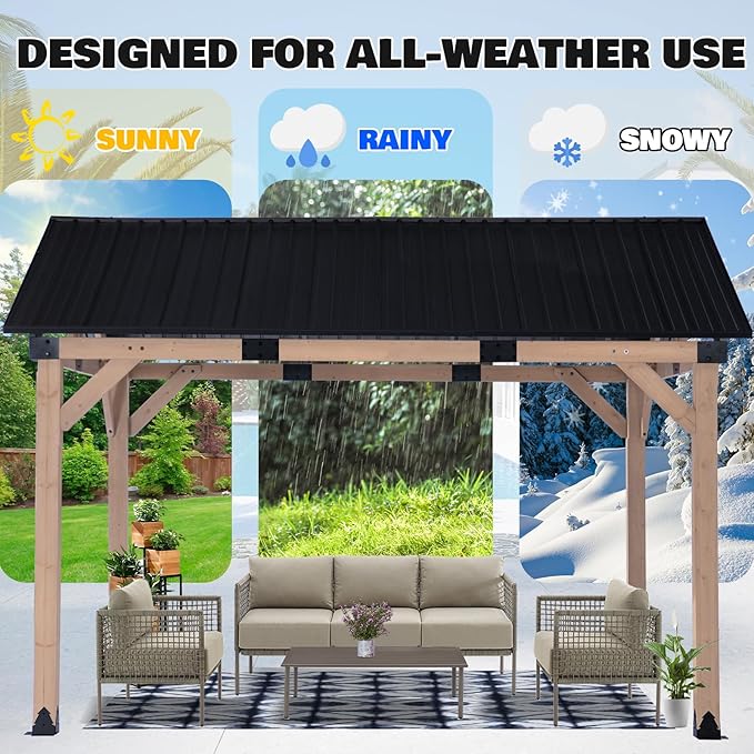 StarEcho Wooden Hardtop Gazebo 12 x14 FT,Heavy Duty Cedar Wood Pavilion Gazebos with Galvanized Steel Gable Roof,Outdoor Gazebo for Lawn Backyard Deck Patio Garden