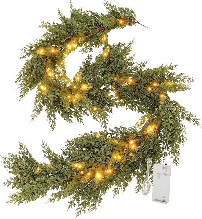 Christmas Cedar Garland with Light Mantle Decor 6ft Realistic Lighted Faux Pine Garlands for Home Decoration Indoor Stairs Railing Fireplace Outdoor 1pcs