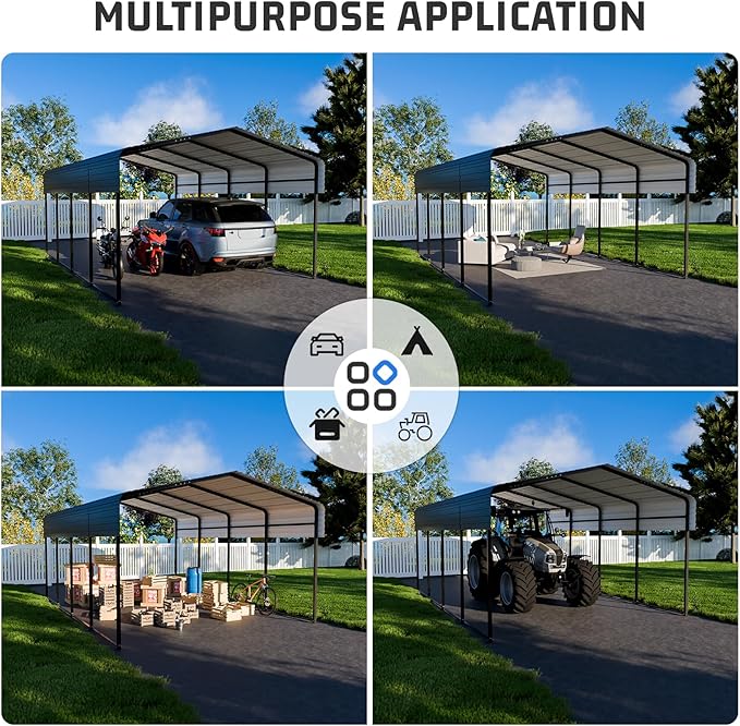 Metal Carport 12x20FT with Reinforced Base - Galvanized Steel Roof Heavy Duty Carport Canopy, for Cars, Motorcycles, Pickup Trucks, SUVs, Tractors and Boats,Black