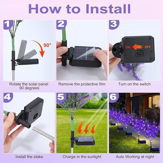 6 Pack Lavender Solar Garden Lights – Outdoor Waterproof Solar Flowers with LED, Solar Powered Garden Décor for Pathway, Yard, Patio, Lawn, Halloween & Seasonal Decoratio