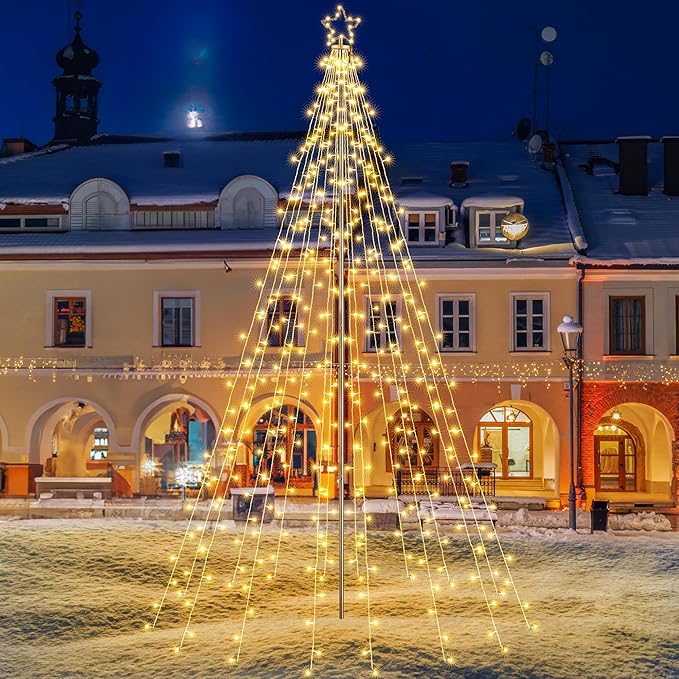 Flacchi 10 FT 404 LED Star String Lights Outdoor - Pole Set with Remote, Multiple Lighting Modes, Timer, and Waterproof Feature for Ultimate Holiday Decor (Warm White)