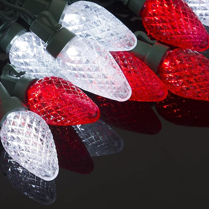 DEWENWILS C7 LED Christmas Lights Outdoor, 33.3ft 50LED Christmas String Lights, Outdoor Decorations for Christmas Tree, Patio, Garden, Yard, Green Wire, Red & White, UL Listed