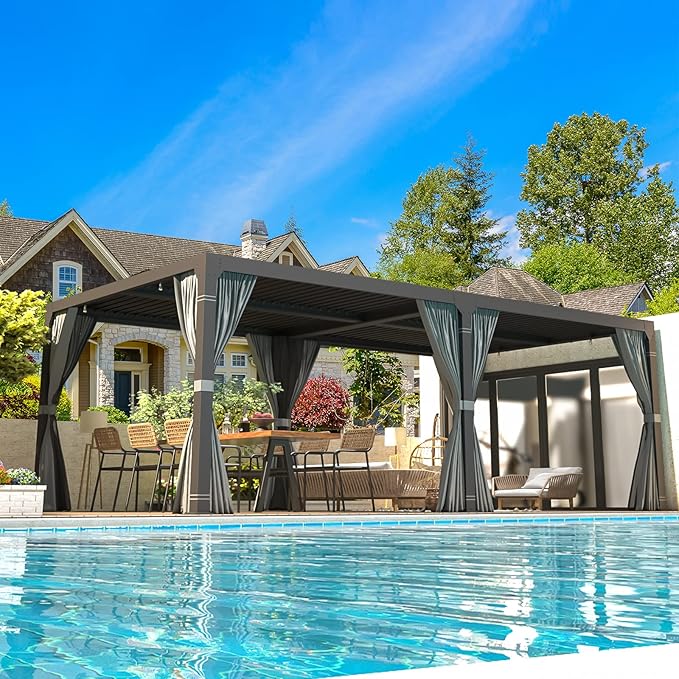 EROMMY Louvered Pergola 10' x 20' Outdoor Hard Top Pergola with Aluminum Frame and Adjustable Metal Rainproof Roof for Garden & Patio, Curtains and Netting Included, Gray-Black