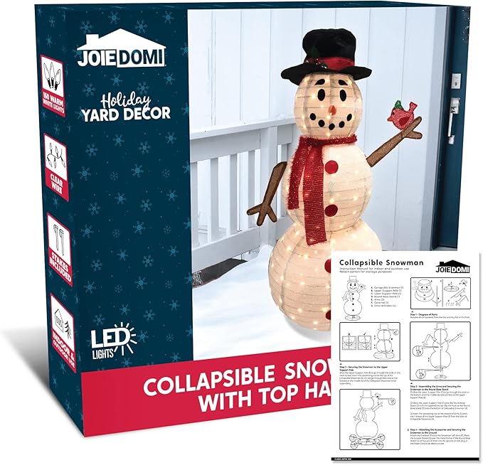 Joiedomi Snowman Christmas Decoration Outdoor, 160 LED Lighted Christmas Holiday Decorations, Collapsible Snowman Yard Lights Backyard Garden Lawn Xmas Decor, Snowman with Bird