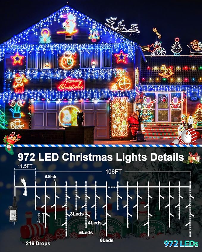 106 FT Christmas Lights Outdoor, 972 LED Waterproof Outside Christmas Lights Plug in, Connectable 8 Modes Hanging Fairy Lights with 216 Drops for House Eaves Yard Patio Blue and White