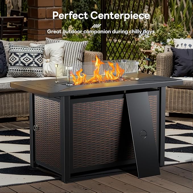 Luxury High Back Outdoor Furniture with 6-inch Extra Thick Cushions, Patio Furniture Set with Fire Pit Table & Swivel Chairs, 7 PCS Wicker Conversation Set for Yard, Deck, Poolside, Brown/Blue