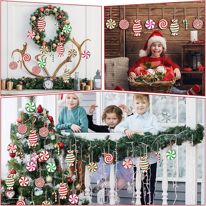 Qunclay 36 Pieces Candy Cane Christmas Ornaments Christmas Wood Hanging Decor Xmas Tree Wood Cutouts Peppermint Decor for Home Party Decoration Supplies (Colorful Candy)