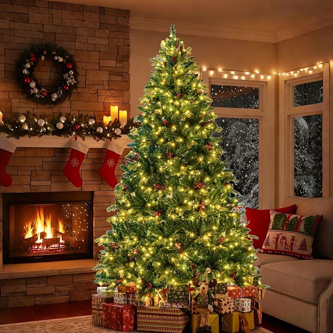 GOFLAME 8FT Pre-lit Artificial Christmas Tree, Hinged Xmas Tree with Remote and App Control, 650 Color & Mode Changing RGB Lights, Timer, 1936 Branch Tips, Pine Cones and Red Berries