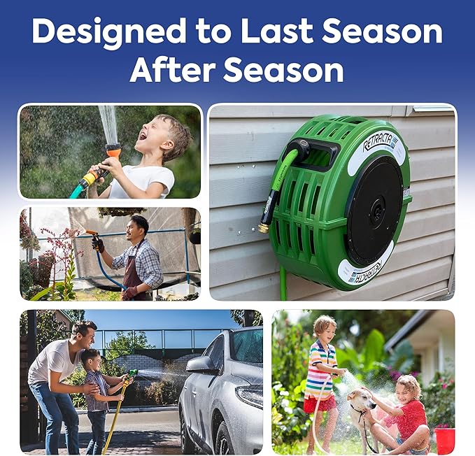 Macnaught Retractable Garden Hose Reel, 60 Ft Water Hose Reel Heavy Duty Retractable Hose with Metal 180¡Æ Swivel Rotation Bracket for Wall Mount - Green