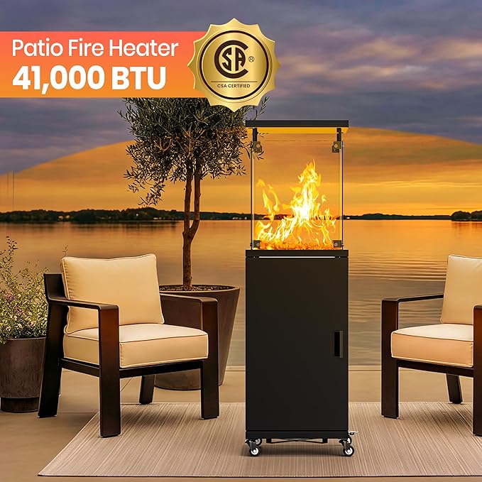 41,000 BTU Patio Heater,Propane Outdoor Heater With Cover,CSA Certificated, Lockable Wheels,Tempered Glass, Patio,Backyard,Balcony,Poolside, Inky