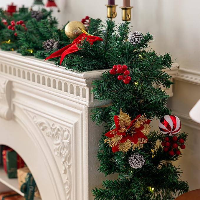 9 FT Pre-Lit Christmas Garland with 50 LED Lights Red Bows Flowers, Indoor Outdoor Lighted Garland for Stairs, Mantle, Door, Fireplace, Banister, Staircase, Holiday Christmas Decor, Battery Operated