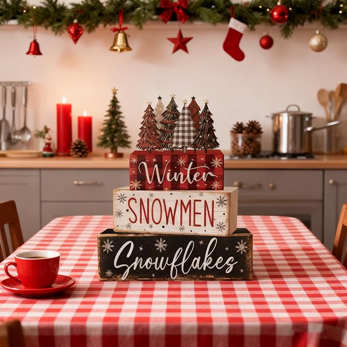 4 Pcs Christmas Decorations Indoor - Wooden Christmas Tree Table Decoration for Home - Holiday Centerpiece For Table - Winter Tiered Tray Decor Rustic Farmhouse Xmas Gift for Home Kitchen Mantel