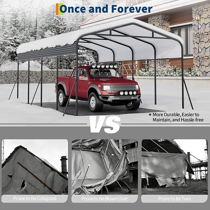 Metal Carport, 12x20 FT Outdoor Carport Canopy with Reinforced Base and Galvanized Steel Roof, Heavy Duty Garage Car Shelter Shade for SUV, Truck, Boats