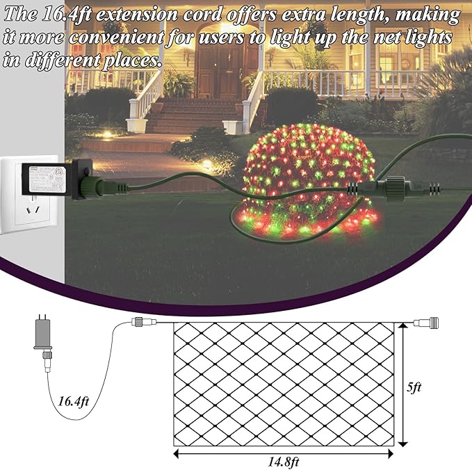 Lovelite 300LED Christmas Net Lights, 14.8ft x 5ft Mesh Lights Outdoor Green Wire 8 Modes Timer, Waterproof Connectable String Lights for Bushes Xmas Tree Garden Holiday Party Decor - Red Green
